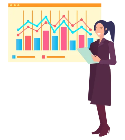 Mujer cerca del tablero de presentación con datos  Ilustración