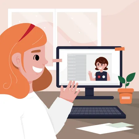 Mujer charlando a través de su computadora portátil  Ilustración