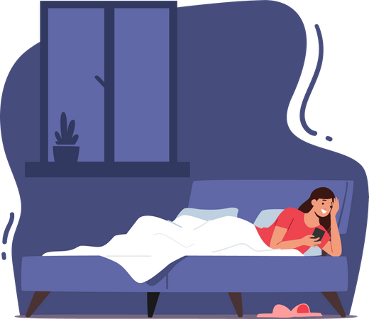 Mujer charlando con amigos a la hora de dormir  Ilustración