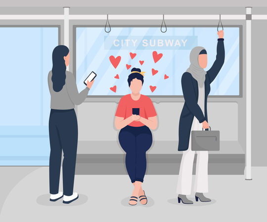 Mujer charlando con un amigo en el metro  Ilustración