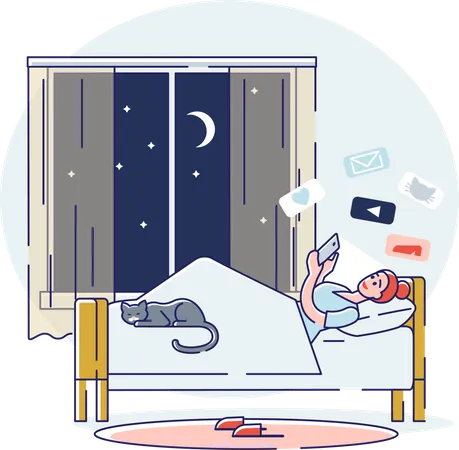 Una mujer chatea en las redes sociales usando un teléfono inteligente acostada en la cama por la noche antes de dormir  Ilustración