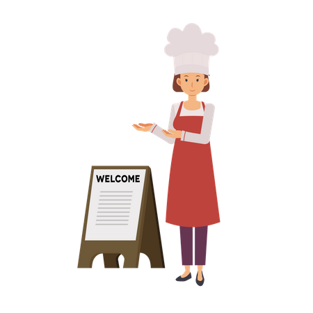 Mujer chef dando la bienvenida  Ilustración