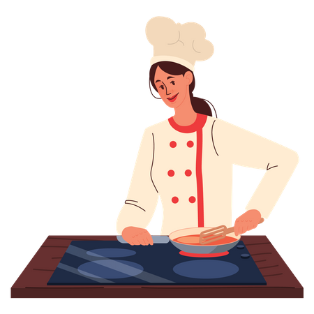 Mujer chef cocinando  Ilustración