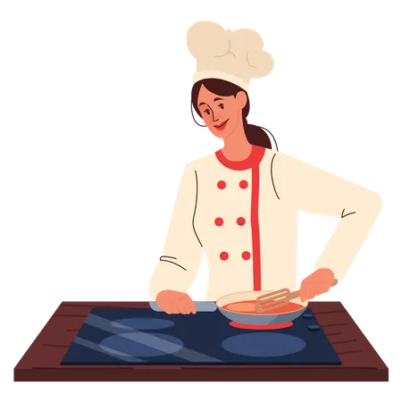 Mujer chef cocinando  Ilustración