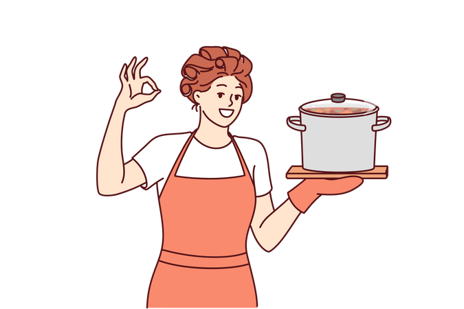 Mujer chef cocina sopa en sartén  Ilustración