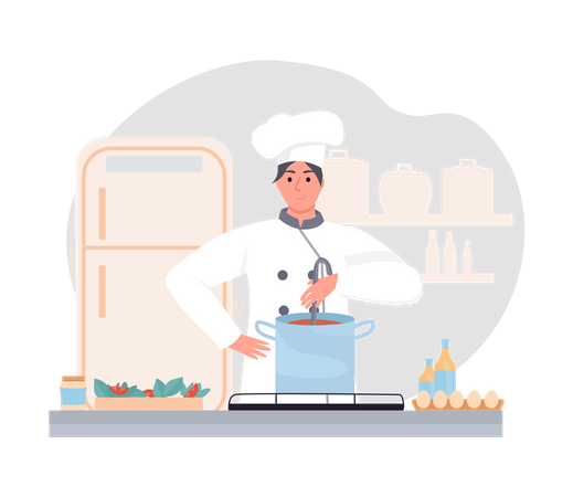 Chef femenina cocinando comida  Ilustración