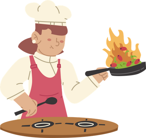 Chef femenina cocinando comida caliente  Ilustración