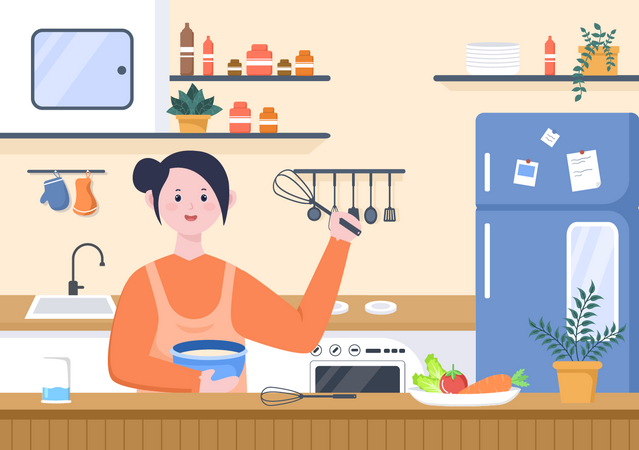 Chef femenina cocinando en la cocina  Ilustración