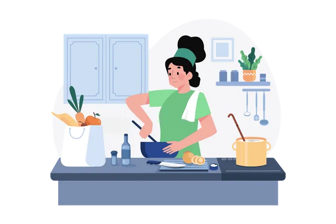 Chef mujer cocinando en la cocina  Ilustración