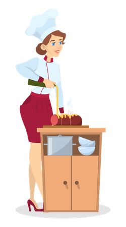 Chef femenina cocinando jamón  Ilustración