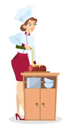 Chef De Restaurante Cocinando Mujer En Delantal Haciendo Un Plato Sabroso Trabajador Profesional En La Cocina Ilustracion De Vector Aislado En Estilo De Dibujos Animados Ilustración