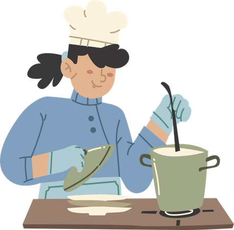 Chef femenina cocinando sopa  Ilustración