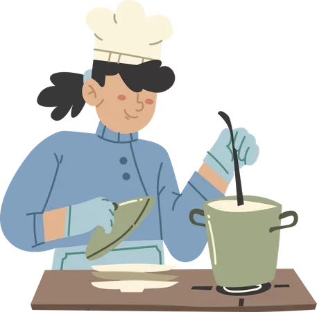 Chef femenina cocinando sopa  Ilustración