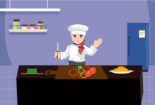 Chef mujer cortando verduras en la cocina  Ilustración