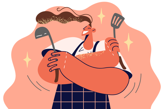 Chef femenina con utensilios de cocina  Ilustración