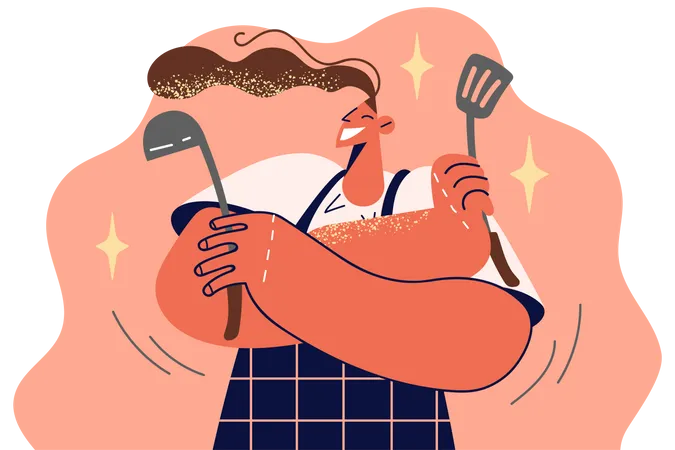 Chef femenina con utensilios de cocina  Ilustración