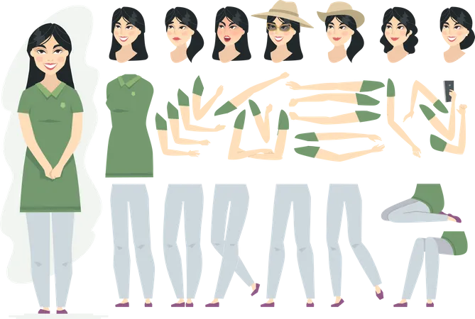 Mujer China Constructor De Personajes De Dibujos Animados Vectoriales Aislado Sobre Fondo Blanco Un Conjunto De Diferentes Expresiones Faciales Emociones Poses Gestos Peinados Para Animacion Diferentes Sombreros Ilustración
