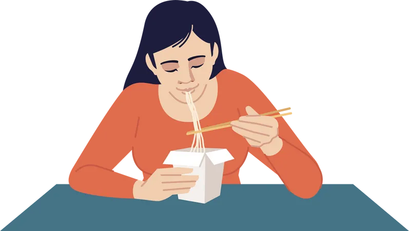 Mujer china comiendo fideos con palillos  Ilustración