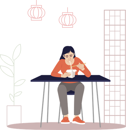 Mujer china comiendo fideos con palillos  Ilustración