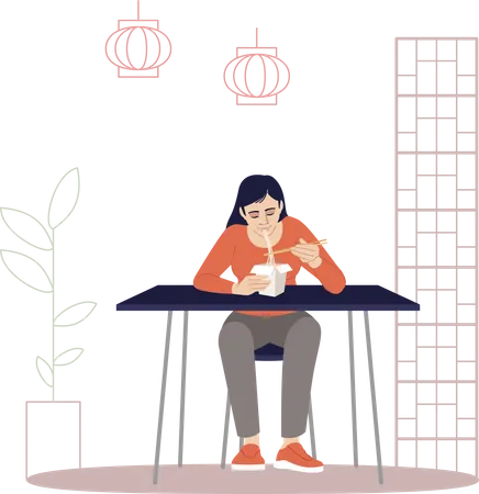 Senorita Comiendo Fideos Con Palillos Ilustracion Vectorial De Color RGB Semiplano Almuerzo En Casa Restaurante De Comida China Mujer Disfrutando De La Cocina Asiatica Personaje De Dibujos Animados Aislado Sobre Fondo Blanco Ilustración