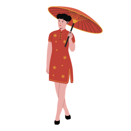 Mujer china en vestido tradicional qipao rojo  Ilustración