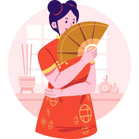 Mujer china sosteniendo abanico chino  Ilustración