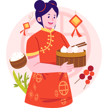 Mujer china trayendo dimsum  Ilustración