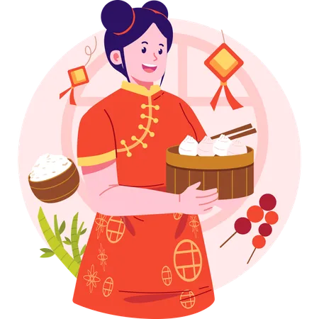 Mujer china trayendo dimsum  Ilustración