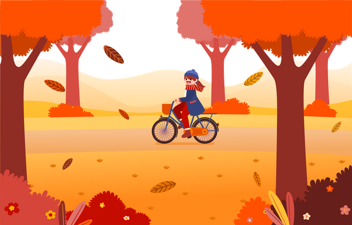 Mujer en bicicleta en el parque  Ilustración