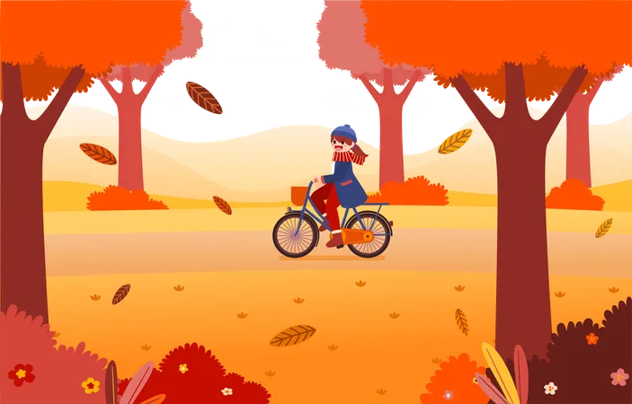 Mujer Joven Con Abrigo Sombrero Y Bufanda Montando Bicicleta En El Parque El Follaje De Otono Del Viento Sopla La Temporada De Otono Personaje De Dibujos Animados Ilustracion Vectorial Ilustración