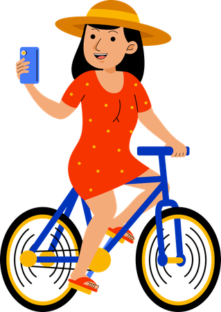 Mujer en bicicleta en verano  Ilustración