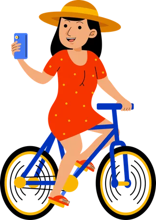 Mujer en bicicleta en verano  Ilustración