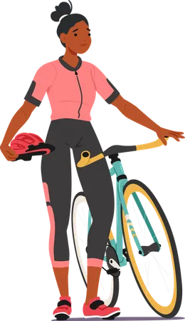 Mujer ciclista de pie con bicicleta  Ilustración