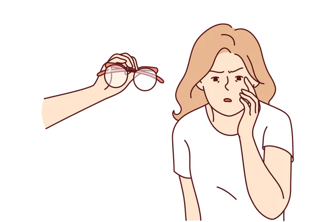 Mujer ciega con mala visión mira de cerca un pequeño texto parado cerca de la mano con gafas  Ilustración