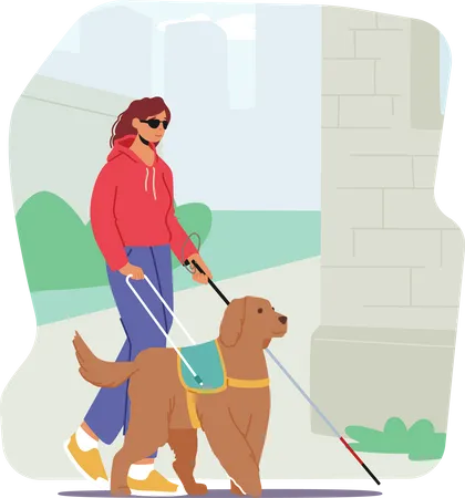 Mujer ciega con perro guía caminando con confianza por la calle  Ilustración