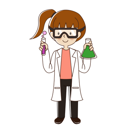 Mujer científica con gafas y vaso de químicos  Ilustración