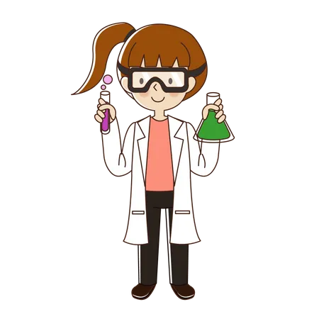 Mujer científica con gafas y vaso de químicos  Ilustración