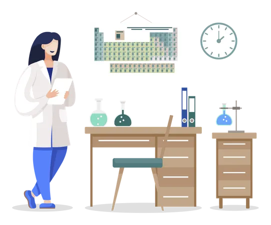 Mujer científica en laboratorio, química en laboratorio  Ilustración