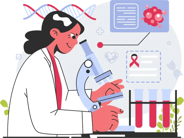 Científica haciendo experimento sobre el cáncer  Ilustración