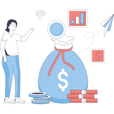 Mujer recaudando dinero en ingresos  Ilustración