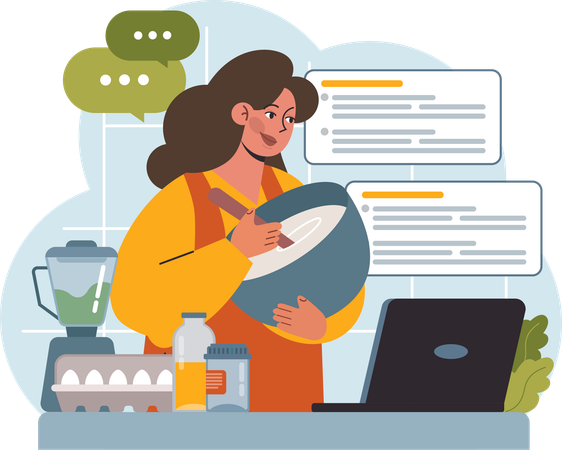 Mujer cocina comida con receta en línea  Ilustración