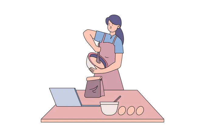 Mujer cocinando guiando por tutorial en línea  Ilustración