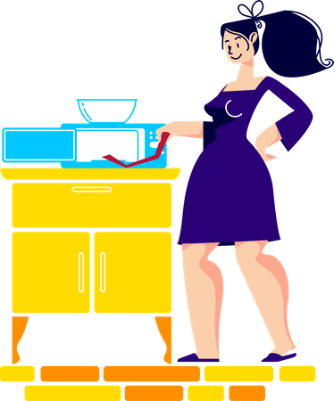 Mujer cocinando comida en horno microondas  Ilustración