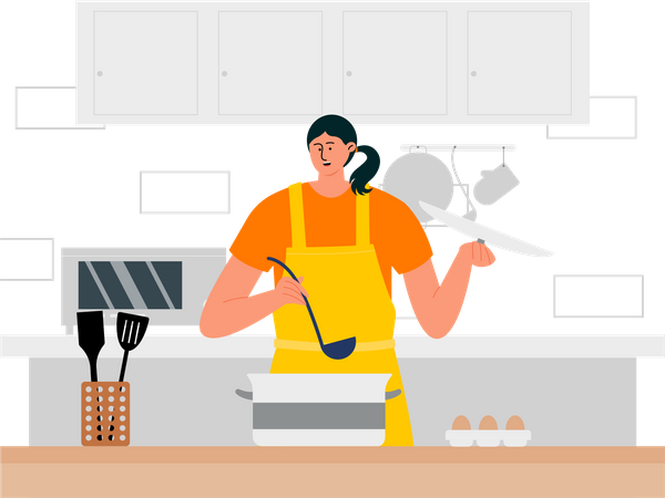 Mujer cocinando comida en la cocina  Ilustración