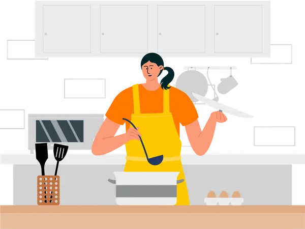 Mujer cocinando comida en la cocina  Ilustración