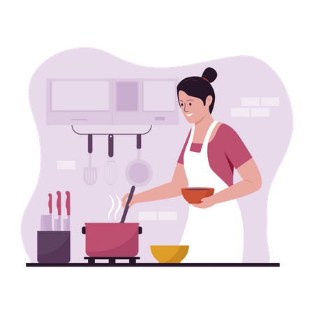 Mujer cocinando comida en la cocina  Ilustración