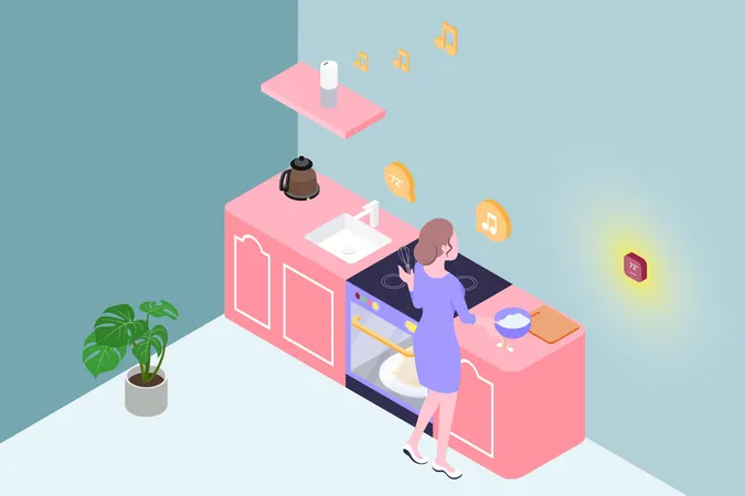 Mujer cocinando en una cocina inteligente mientras escucha música  Ilustración