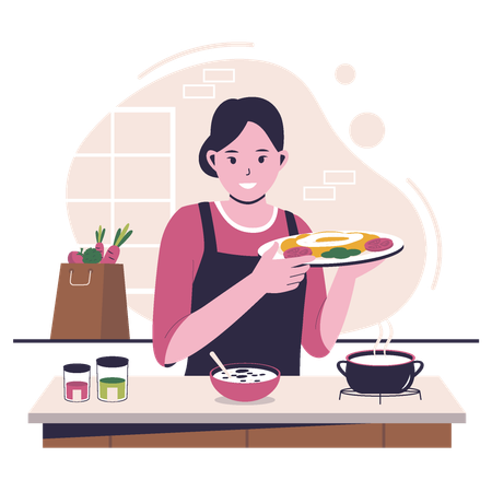 Mujer cocinando en la cocina.  Ilustración