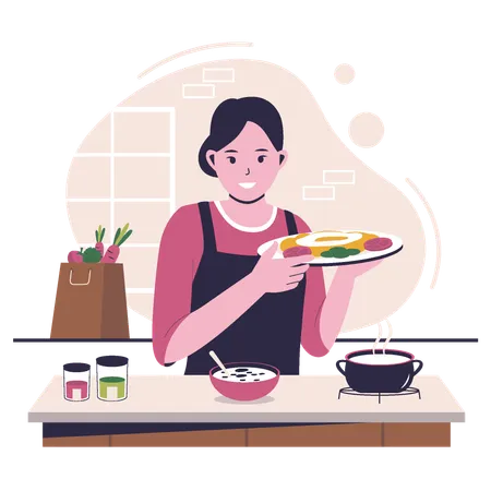 Mujer cocinando en la cocina.  Ilustración