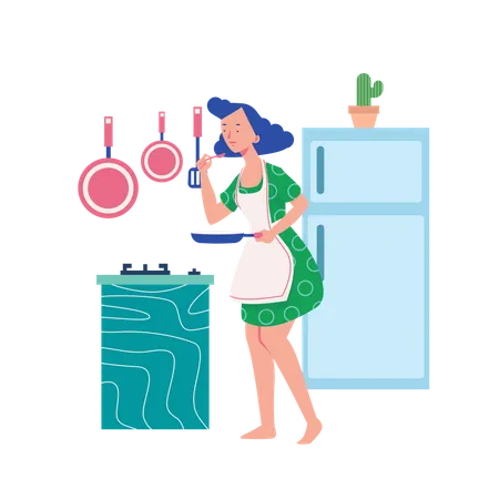 Mujer cocinando en la cocina  Ilustración